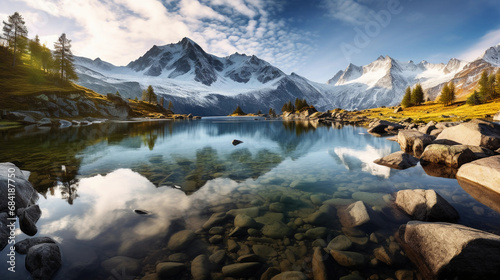 Pristine alpine lake  surrounded by towering snow-capped mountains  early morning mist