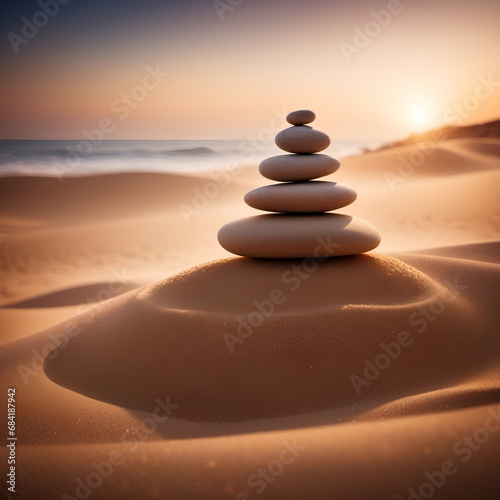 Balanced stones on a beach in sunset light  meditation or spa concept. AI generated image.