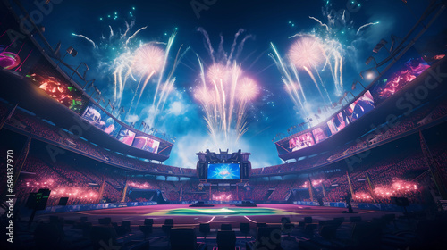 stadium displaying a e-sports tournament, gigantic screen, roaring crowd © Gia