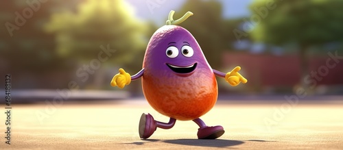 Cute happy eggplant character. Funny cartoon food in flat style. photo