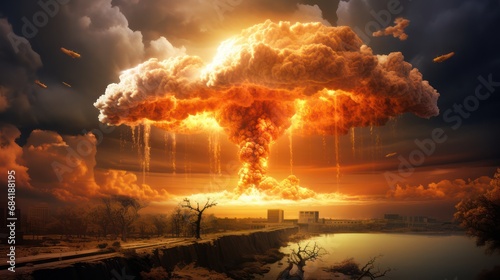 Illustration of a nuclear explosion with mushroom clouds, world war doomsday.