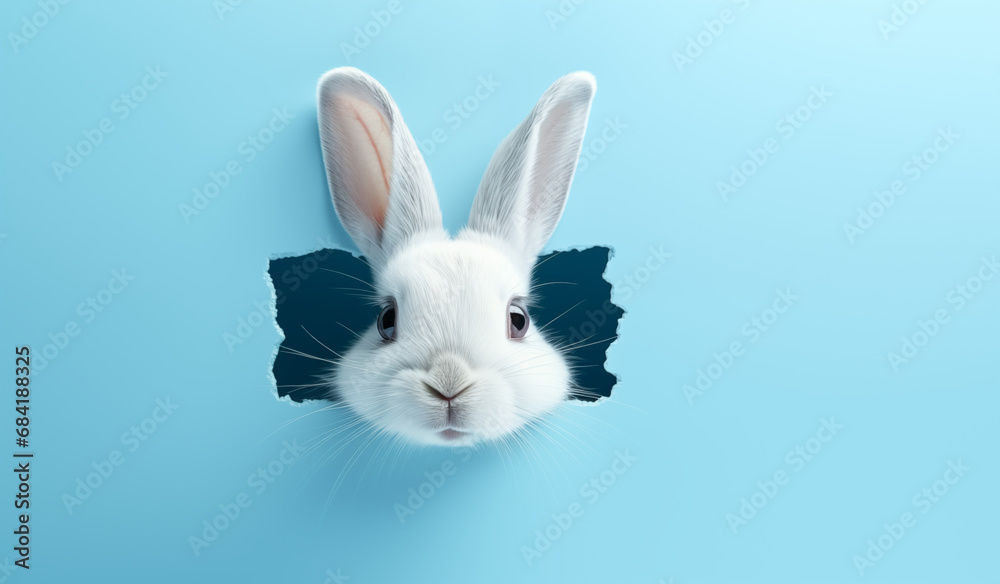 White rabbit on blue background, Fluffy Bunny Peeking from hole, Blue Wall. Easter Banner Design, Cute Easter Bunny Emerging from the Wall. Copy space on the left.
