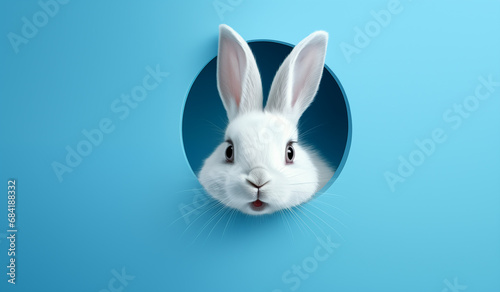 White rabbit on blue background, Fluffy Bunny Peeking from the hole, Blue Wall. Easter Banner Design, Cute Easter Bunny Emerging from the Wall.
