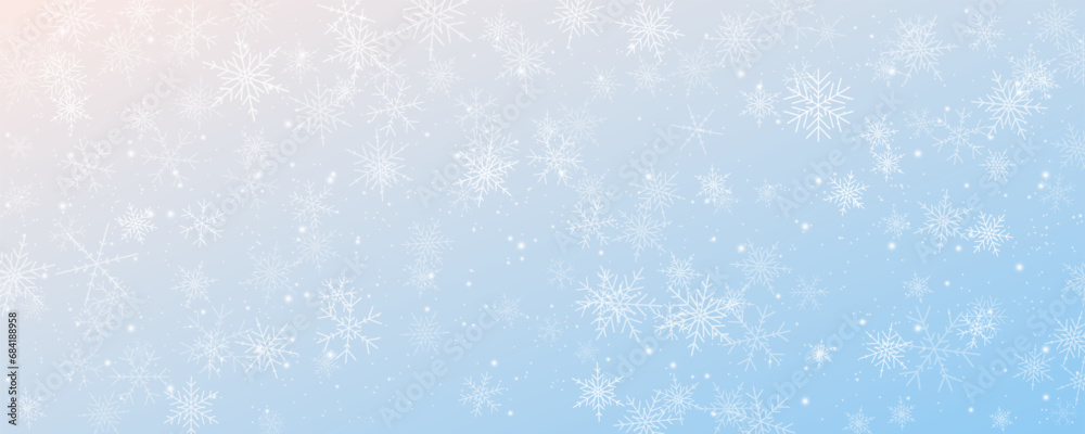 Christmas snowy background. Cold blue winter sky. Vector ice blizzard on gradient texture with flakes. Festive new year theme for season sale wallpaper.