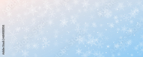 Christmas snowy background. Cold blue winter sky. Vector ice blizzard on gradient texture with flakes. Festive new year theme for season sale wallpaper.