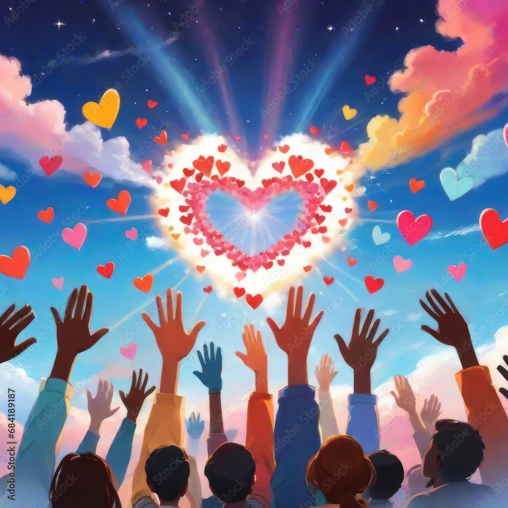 People reach their hand to colorful hearts in the sky, volenteer and humanitarian help concept, charity and friendship, support teamwork, People reach their hand to colorful hearts in the sky, volenteer and humanitarian help concept, charity and friendship, support teamwork,