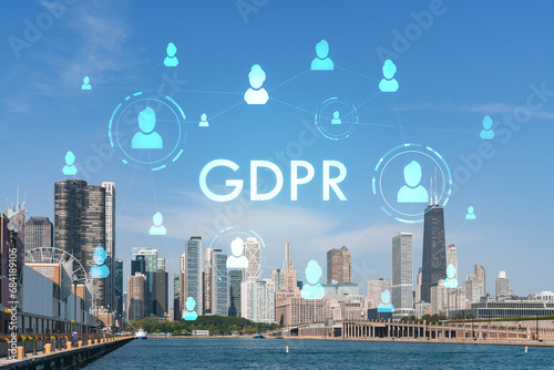 City view of Downtown skyscrapers of Chicago skyline panorama over Lake Michigan, harbor area, day time, Illinois, USA. GDPR hologram, concept of data protection regulation and privacy for individuals photo