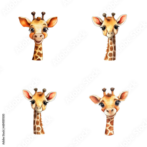 set of cute giraffe watercolor illustrations for printing on baby clothes, sticker, postcards, baby showers, games and books, safari jungle animals vector