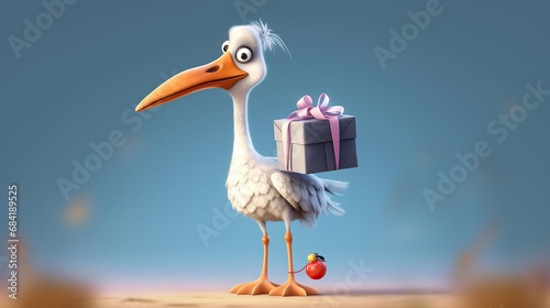 Cute cartoon stork in a red party hat carrying blue gift box cartoon vector Illustration photo