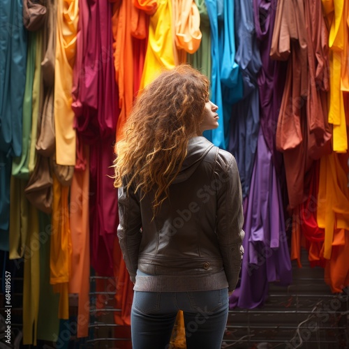 The woman wears a brown jacket, against a backdrop of rainbow colored clothing. The brunette turned her back to the camera. LGBT symbol.