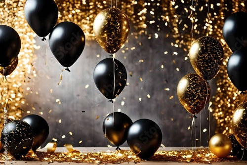 Elegance in the Night: Black and Gold Balloons Amidst a Sparkling New Year's Extravaganza photo