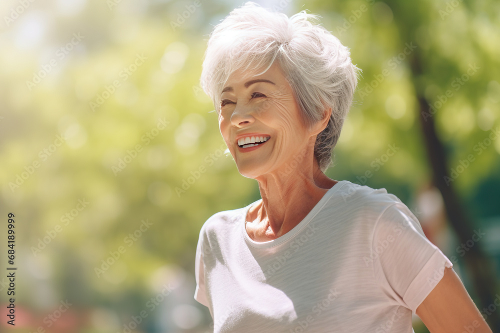 A close-up portrait of a naturally beautiful elderly gray-haired woman standing in a summer park in a white T-shirt. Cute mature kind woman in the fresh air. A close-up portrait of a naturally beautiful elderly gray-haired woman standing in a summer park in a white T-shirt. Cute mature kind woman in the fresh air.