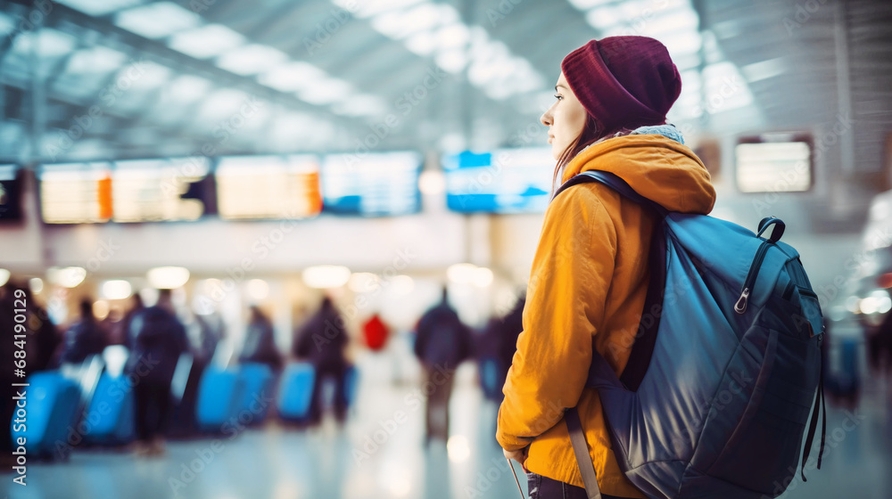 happy young traveller woman at airport look at flight schedule. tourists strolling at train station or aeroport happy young traveller woman at airport look at flight schedule. tourists strolling at train station or aeroport