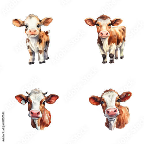 set of cute cow watercolor illustrations for printing on baby clothes, sticker, postcards, baby showers, games and books, safari jungle animals vector