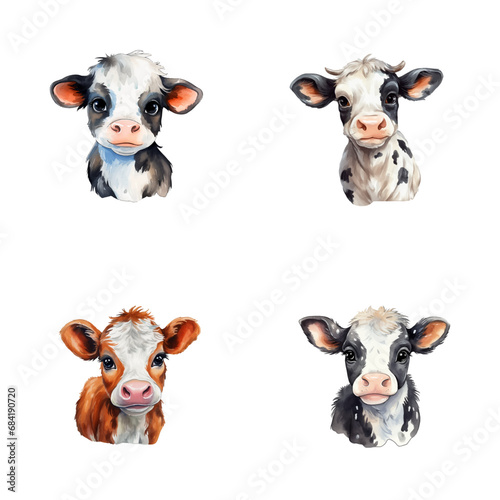 set of cute cow watercolor illustrations for printing on baby clothes, sticker, postcards, baby showers, games and books, safari jungle animals vector
