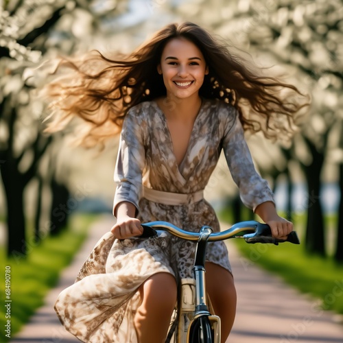 a woman rides a bicycle around the city. hair flutters in the wind.