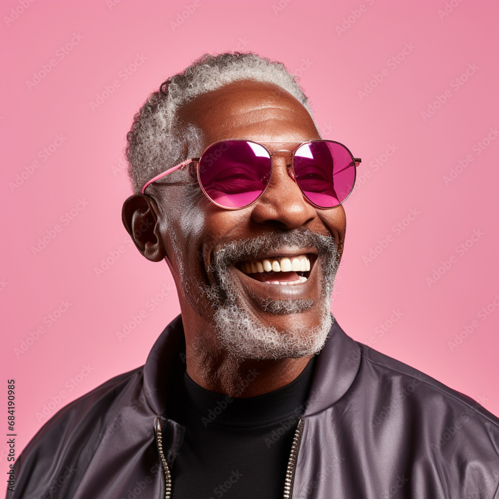 Senior black man with sunglasses smiling at pink background. Senior black man with sunglasses smiling at pink background.