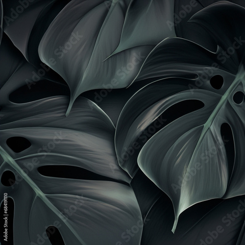 Deep rich background with monstera leaves. Juicy green leaves on dark background.Template background wallpaper with monstera leaves