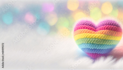 Heart ornament of wool in rainbow coloured stripes on fluffy white surface with blurred background with sparkling pastel coloured lights