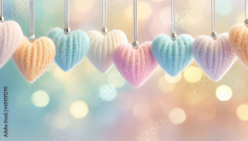 Decorative heart ornaments of pastel coloured knitted wool hanging from silver ribbons with silver beads on a blurred background with sparkling lights in pastel colours photo