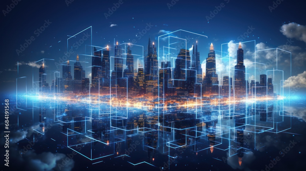 Naklejka premium Illustrate the abstract resilience in IT City landscapes, portraying the adaptive and responsive features that safeguard against disruptions