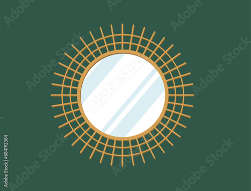 Gold round mirror on dark green background. Home interior element. Bathroom or bedroom wall decoration. Luxary makeup supplies. Vector furniture (ID: 684192384)