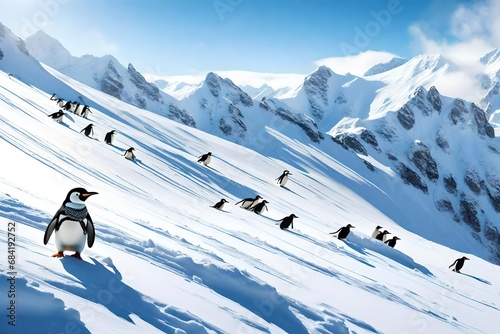 Carefree Slides: Penguins' Playful Adventure Down the Snowy Peaks photo