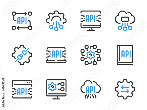 API, Software development and Data integration vector line icons. Application Programming Interface outline icon set.