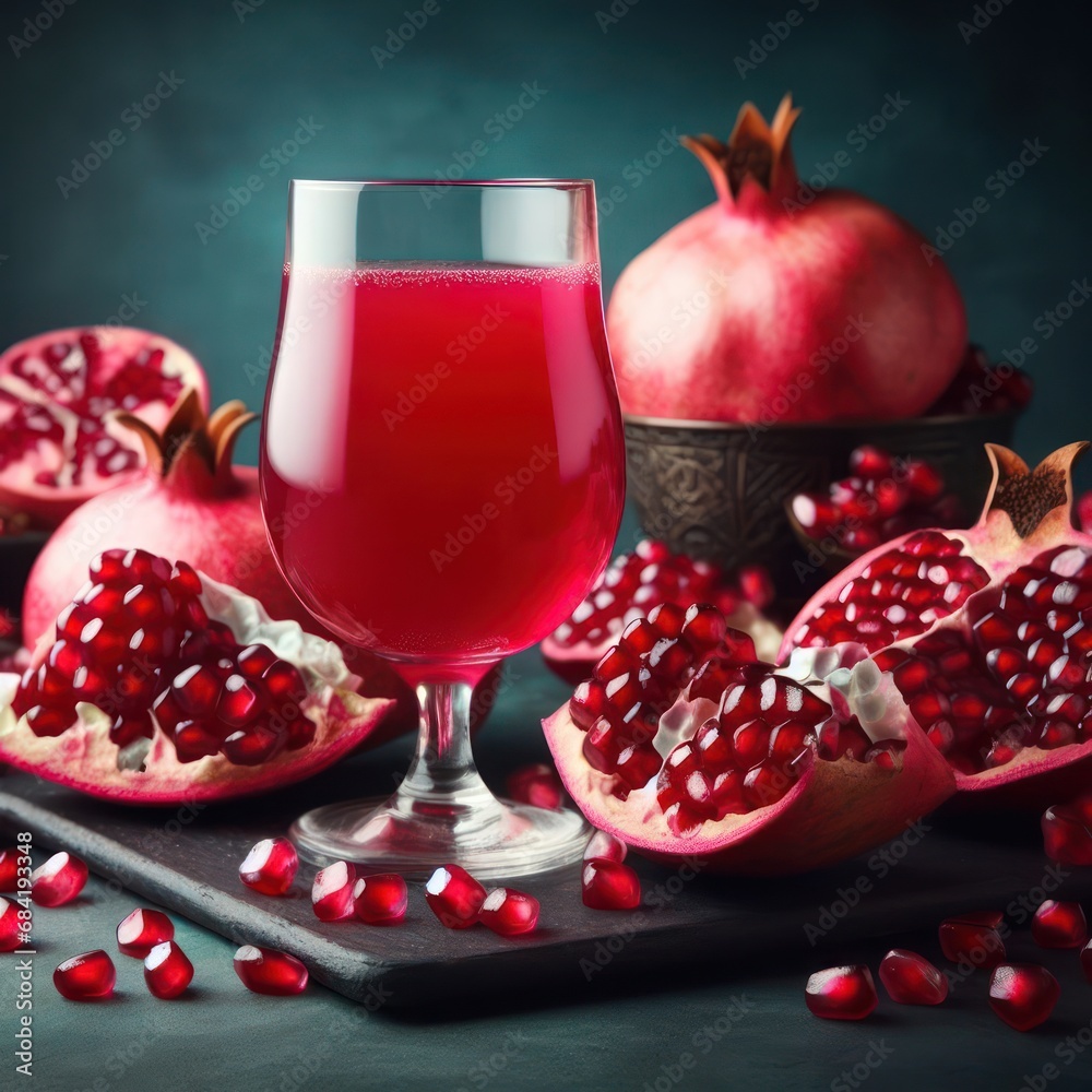 Freshly squeezed pomegranate juice, focusing on the seeds and rich color of the natural and healthy fruit, good for heart and blood pressure, healthy eating, drinks concept, generative ai Freshly squeezed pomegranate juice, focusing on the seeds and rich color of the natural and healthy fruit, good for heart and blood pressure, healthy eating, drinks concept, generative ai