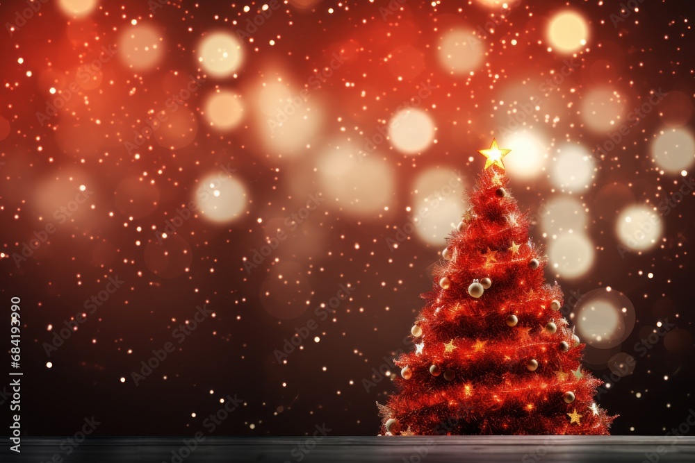 Traditional Christmas Tree with Red Bokeh Background