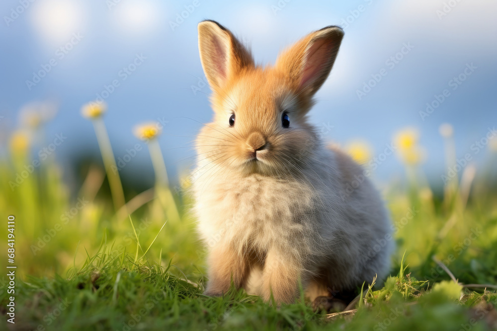 Cute fluffy little rabbit on a meadow grass field in the morning, happy bunny running in green garden with sunlight background, symbol of Easter festival day. Cute fluffy little rabbit on a meadow grass field in the morning, happy bunny running in green garden with sunlight background, symbol of Easter festival day.
