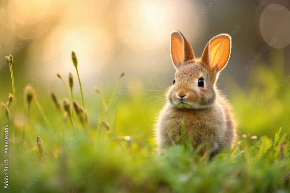 Fototapeta premium Cute fluffy little rabbit on a meadow grass field in the morning, happy bunny running in green garden with sunlight background, symbol of Easter festival day.
