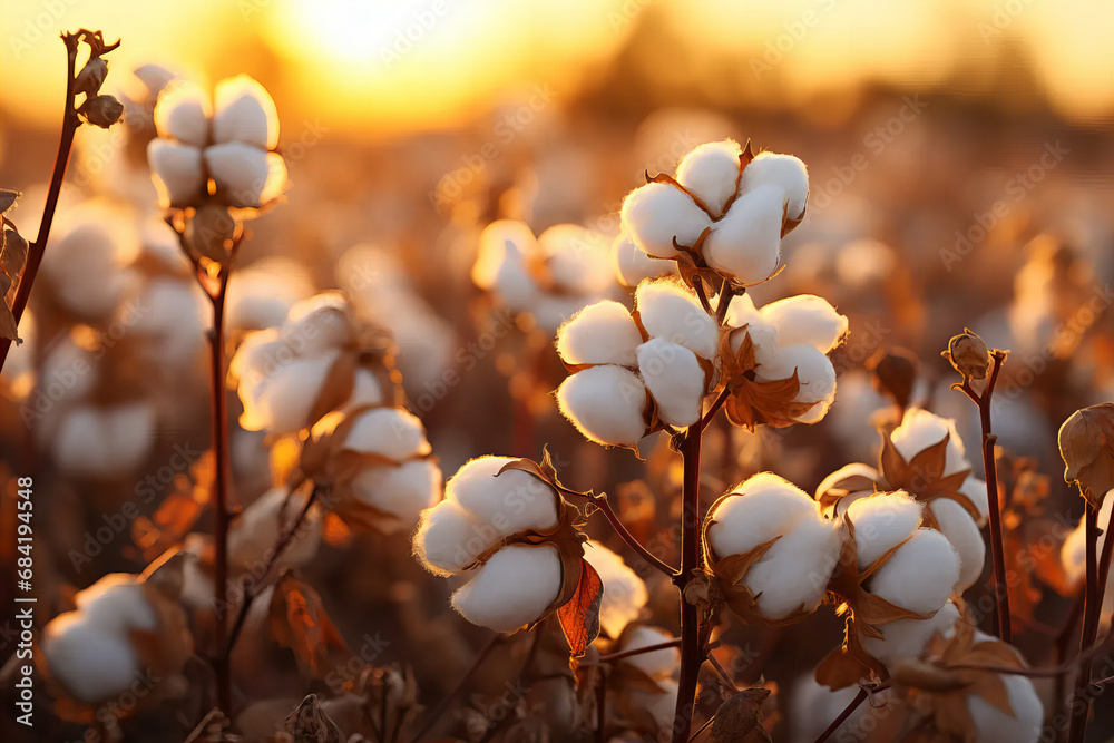 Soft cotton bolls glowing against a setting sun Soft cotton bolls glowing against a setting sun