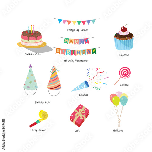 Birthday set flat vector in cartoon style. Colorful icons in doodle style for party concept. Hand drawing items for birthday  celebration  anniversary party.