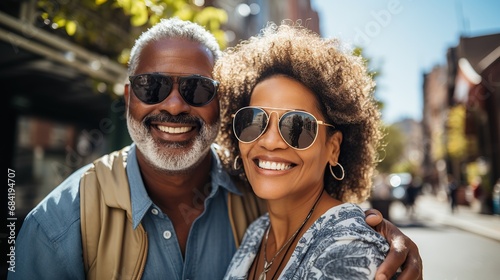 Portrait of happy elderly tourist couple posing for photo outdoors in city. Smiling senior people traveling together on vacation. Man and woman affectionately hugging enjoying a weekend getaway. © Kowit