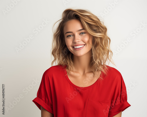 Curly-Haired Blonde in Red - Fashion Portrait in White Studio © melhak