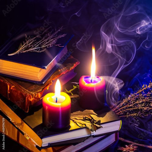 Magical candles on dark deep background.Beautiful candles and aesthetics of magic and esotericism. Dark art,background,template with candles.