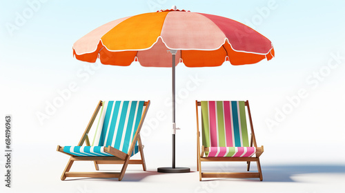 Beach umbrella and chairs isolated on white