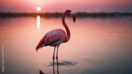 Pink flamingo in the lake at golden hour. Generative Ai