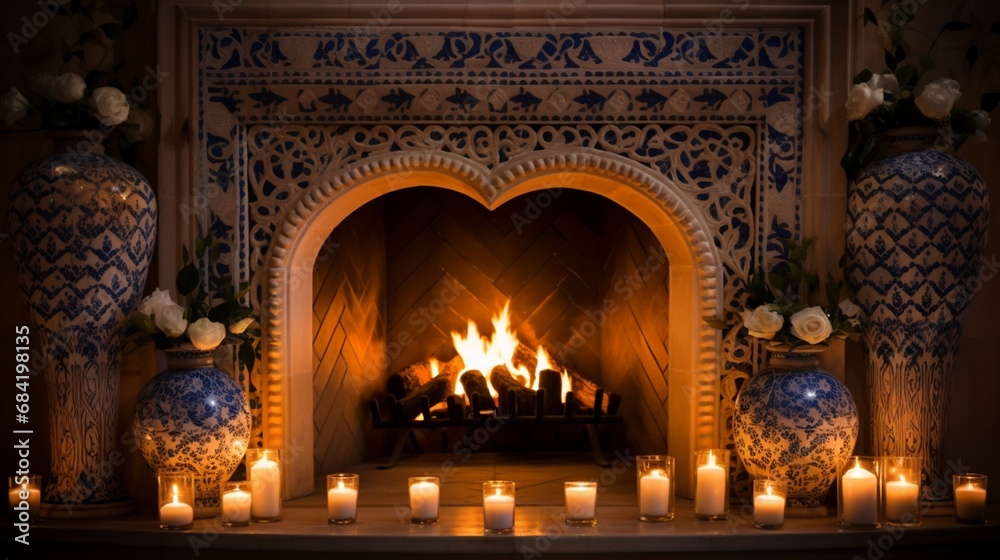 A cozy fireplace adorned with heart-shaped candles, casting a warm glow on intricately patterned tiles and romantic decor.