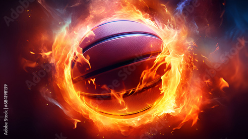 Fired-Up Competition A Basketball Engulfed in Flames, Radiating Heat and Intense Passion Igniting the Court Close-Up View of a Basketball Ball with a Dazzling Fire Trail Basketball in Fiery Motion, AI