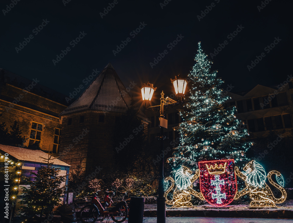Fototapeta premium christmas tree and decorations on the Gdansk christmas martket