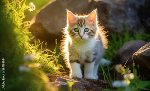 Mesmerizing Journey of a Kitten Exploring a Lush Green Oasis Generative AI