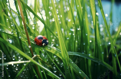 Mesmerizing Moment: Ladybug Amongst Dew-Kissed Blades of Grass Generative AI