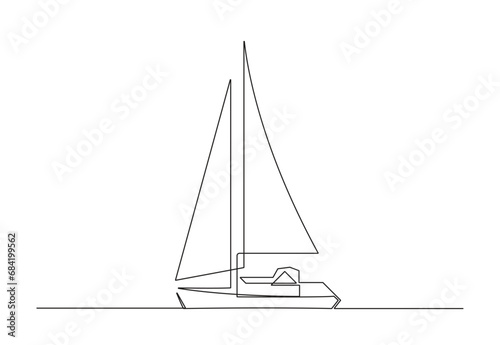 Continuous single line drawing of sailboat on water. Isolated on white background vector illustration. Premium vector. 