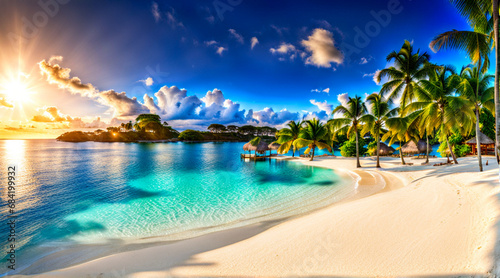 beach with palm trees and sun paradise view 