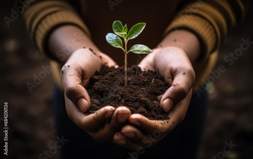 Hands Holding a Young Plant in Soil,close up