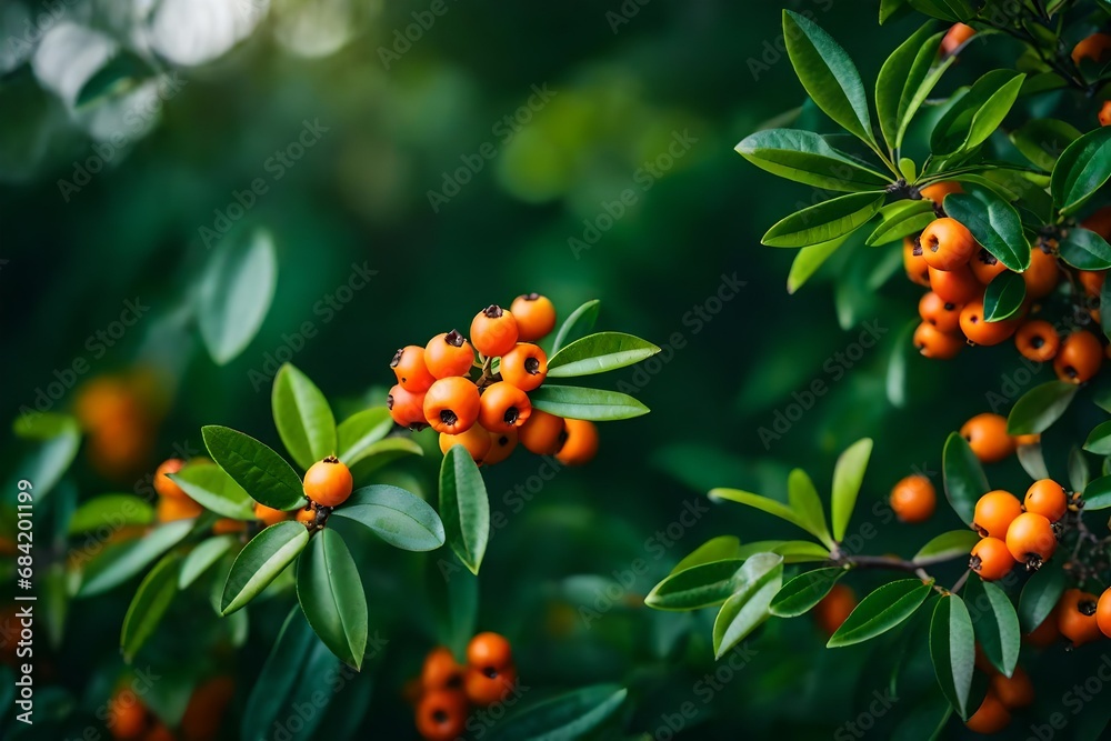 branch of orange berries with green leaves branch of orange berries with green leaves