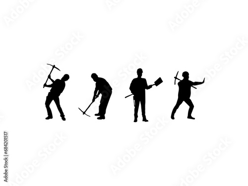 Miner silhouette vector. Silhouette of a man in workers costume carrying pickaxe in action pose. Worker using pickaxe silhouettes on white background.