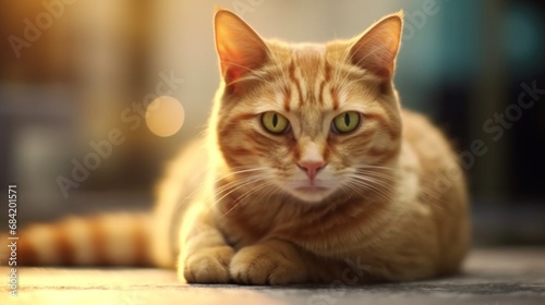 Closeup portrait of cute lazy young ginger cat looking.Generative AI © sudipdesign